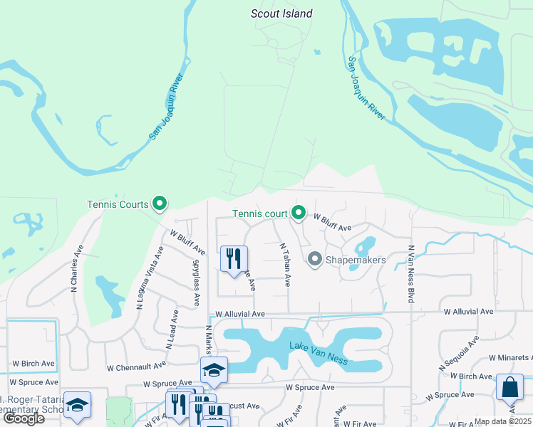 map of restaurants, bars, coffee shops, grocery stores, and more near 2788 West Bluff Avenue in Fresno