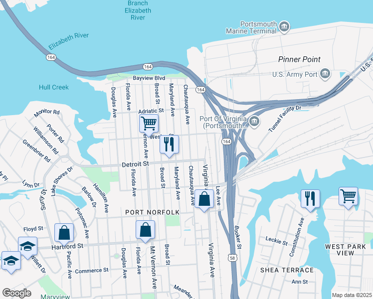 map of restaurants, bars, coffee shops, grocery stores, and more near 326 Chautauqua Avenue in Portsmouth
