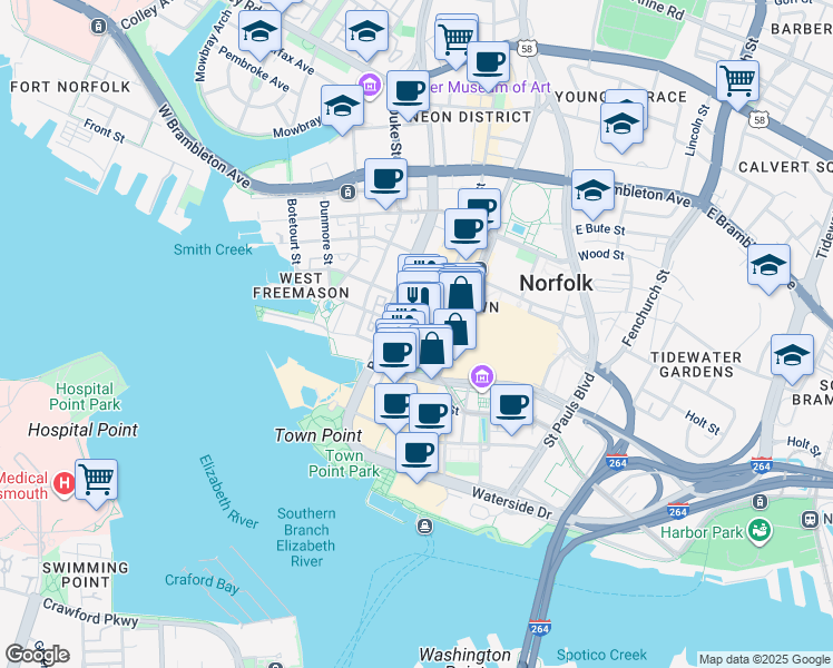 map of restaurants, bars, coffee shops, grocery stores, and more near 259 Granby Street in Norfolk