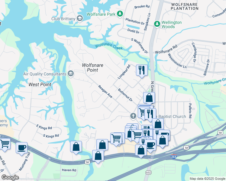 map of restaurants, bars, coffee shops, grocery stores, and more near 401 Burr Oak Circle in Virginia Beach