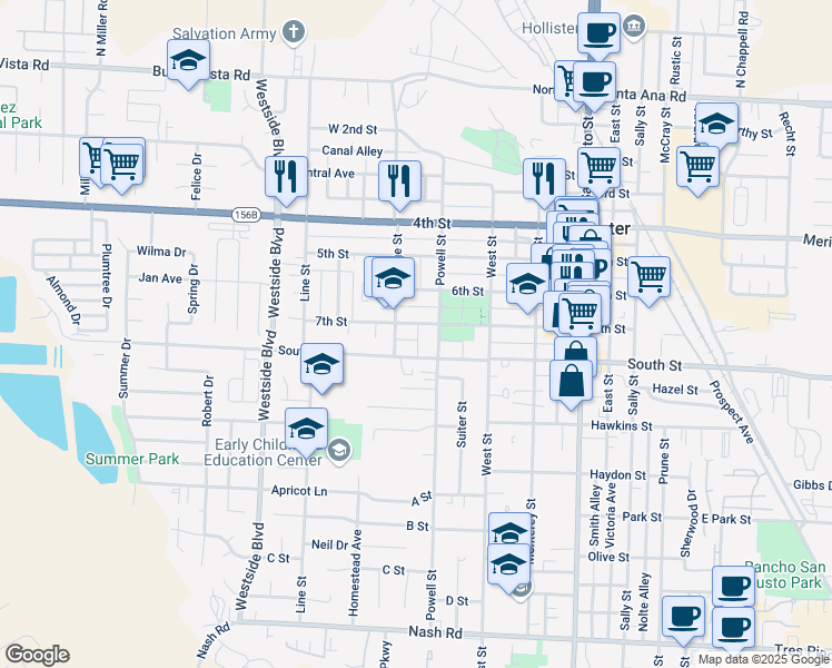 map of restaurants, bars, coffee shops, grocery stores, and more near 625 7th Street in Hollister