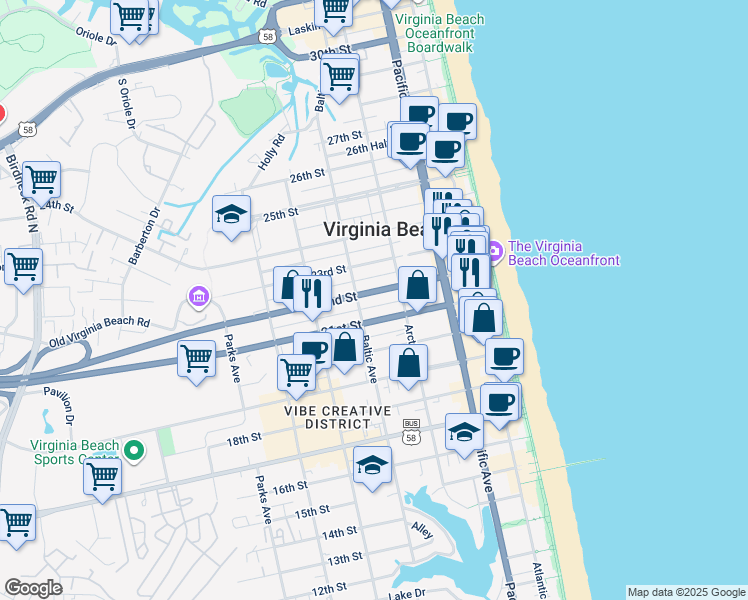 map of restaurants, bars, coffee shops, grocery stores, and more near 417 21 1/2 Street in Virginia Beach