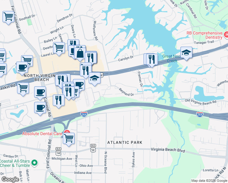 map of restaurants, bars, coffee shops, grocery stores, and more near 1419 Automne Circle in Virginia Beach