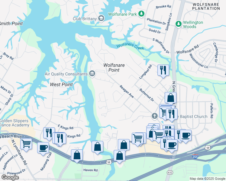 map of restaurants, bars, coffee shops, grocery stores, and more near 340 Falling Lane in Virginia Beach