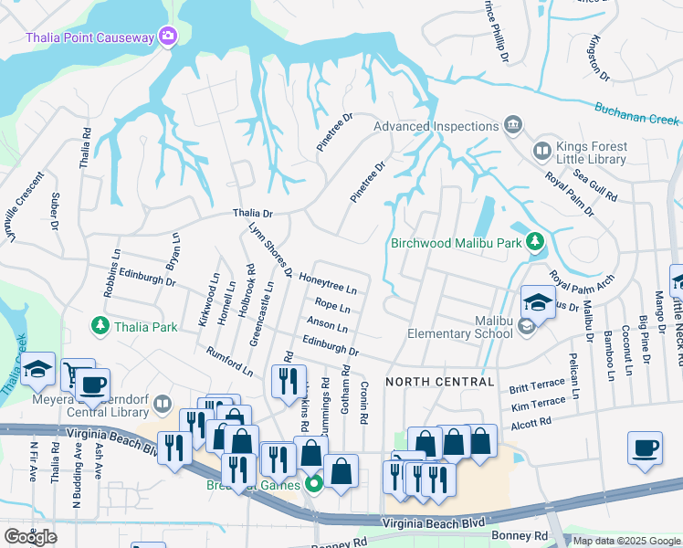 map of restaurants, bars, coffee shops, grocery stores, and more near 3809 Annie Lane in Virginia Beach