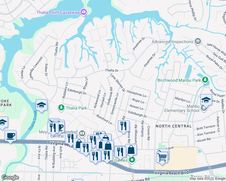 map of restaurants, bars, coffee shops, grocery stores, and more near 524 Holbrook Road in Virginia Beach