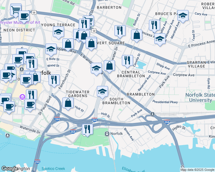 map of restaurants, bars, coffee shops, grocery stores, and more near 630 Tidewater Drive in Norfolk