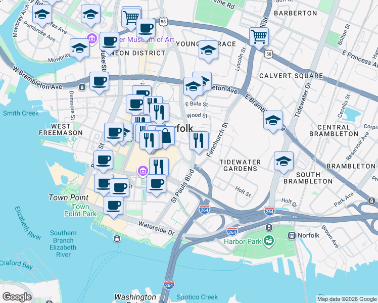 map of restaurants, bars, coffee shops, grocery stores, and more near 554 Market Street in Norfolk
