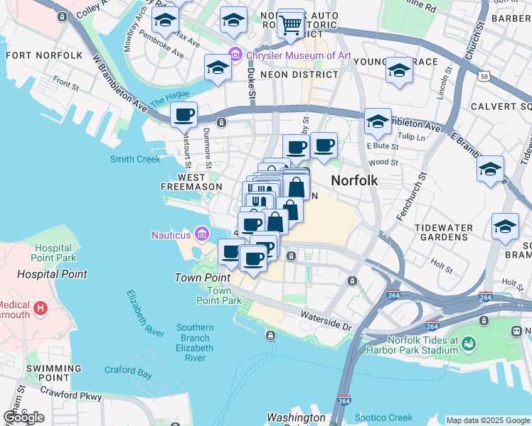 map of restaurants, bars, coffee shops, grocery stores, and more near in Norfolk