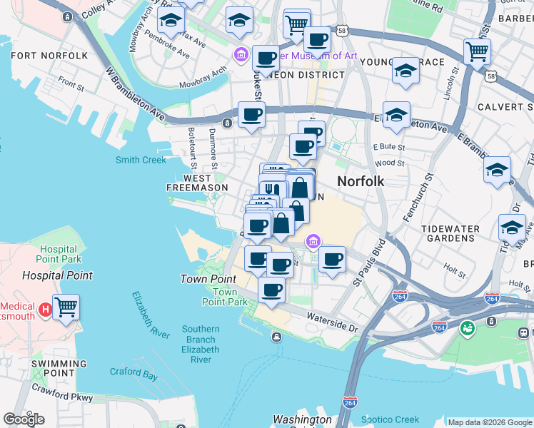 map of restaurants, bars, coffee shops, grocery stores, and more near in Norfolk
