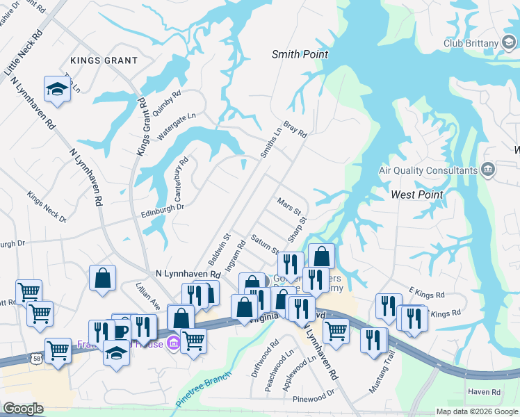 map of restaurants, bars, coffee shops, grocery stores, and more near 469 Ingram Road in Virginia Beach