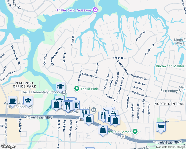 map of restaurants, bars, coffee shops, grocery stores, and more near 4128 Edinburgh Drive in Virginia Beach