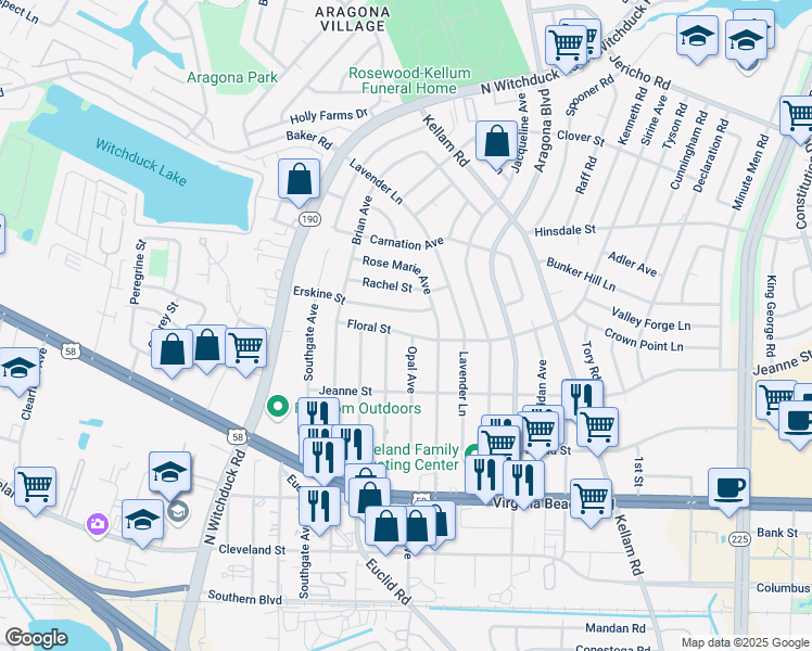 map of restaurants, bars, coffee shops, grocery stores, and more near 4949 Floral Street in Virginia Beach