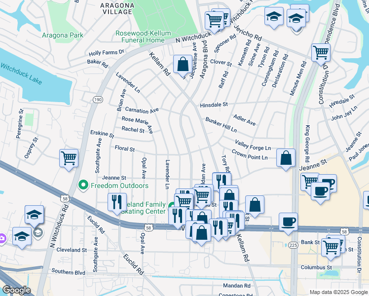 map of restaurants, bars, coffee shops, grocery stores, and more near 505 Aragona Boulevard in Virginia Beach