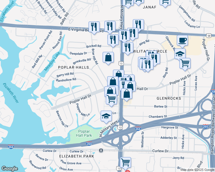 map of restaurants, bars, coffee shops, grocery stores, and more near 5648 Poplar Hall Drive in Norfolk