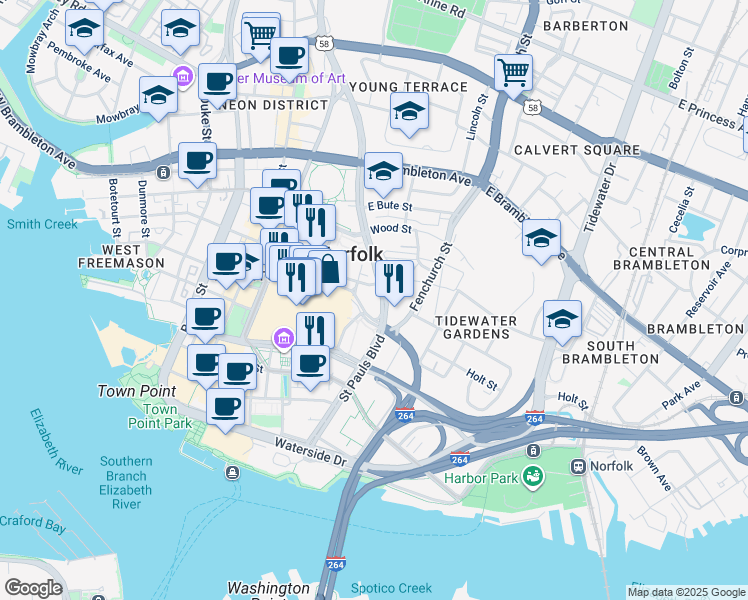 map of restaurants, bars, coffee shops, grocery stores, and more near 415 Saint Pauls Boulevard in Norfolk