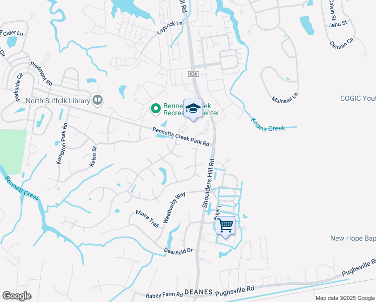 map of restaurants, bars, coffee shops, grocery stores, and more near 3605 Martingale Court in Suffolk