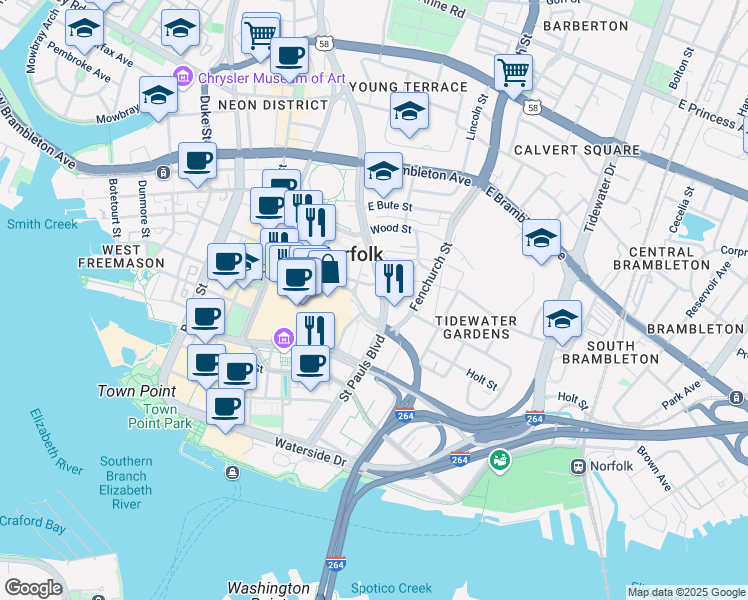 map of restaurants, bars, coffee shops, grocery stores, and more near 415 Saint Pauls Boulevard in Norfolk