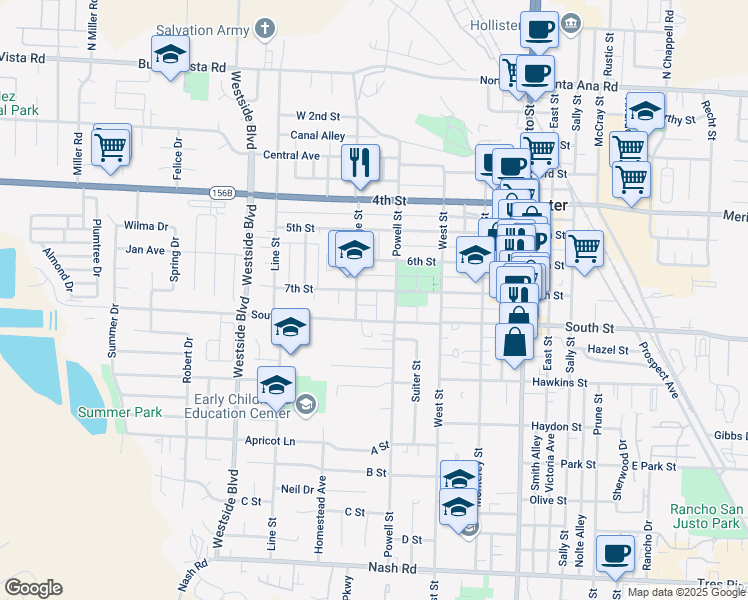 map of restaurants, bars, coffee shops, grocery stores, and more near 625 7th Street in Hollister