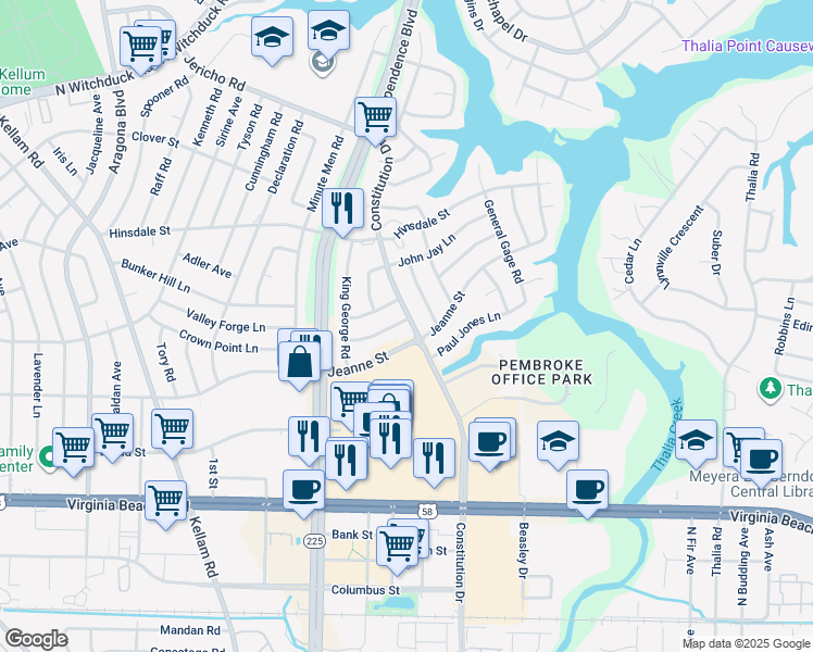 map of restaurants, bars, coffee shops, grocery stores, and more near 4501 William Pitt Lane in Virginia Beach