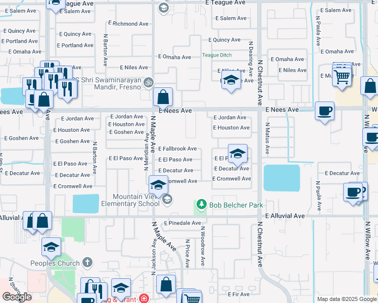 map of restaurants, bars, coffee shops, grocery stores, and more near 2143 East Fallbrook Avenue in Fresno