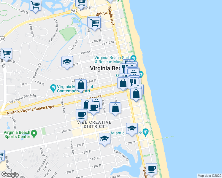 map of restaurants, bars, coffee shops, grocery stores, and more near 419 21 1/2 Street in Virginia Beach