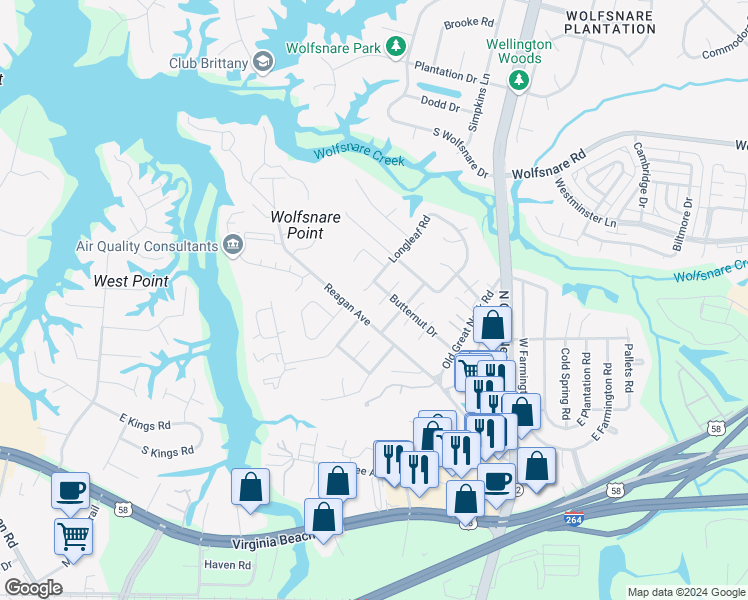 map of restaurants, bars, coffee shops, grocery stores, and more near 403 Burr Oak Circle in Virginia Beach