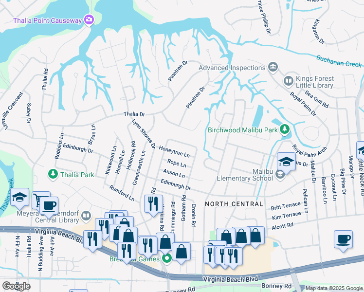 map of restaurants, bars, coffee shops, grocery stores, and more near 3809 Annie Lane in Virginia Beach