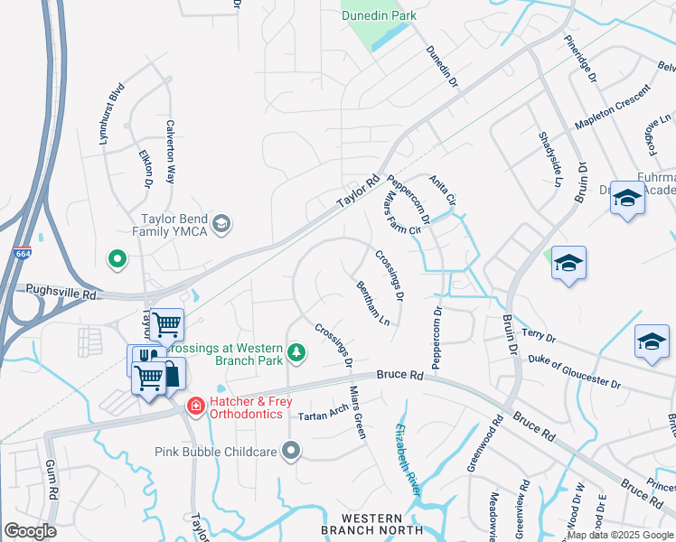 map of restaurants, bars, coffee shops, grocery stores, and more near 3228 Bentham Lane in Chesapeake