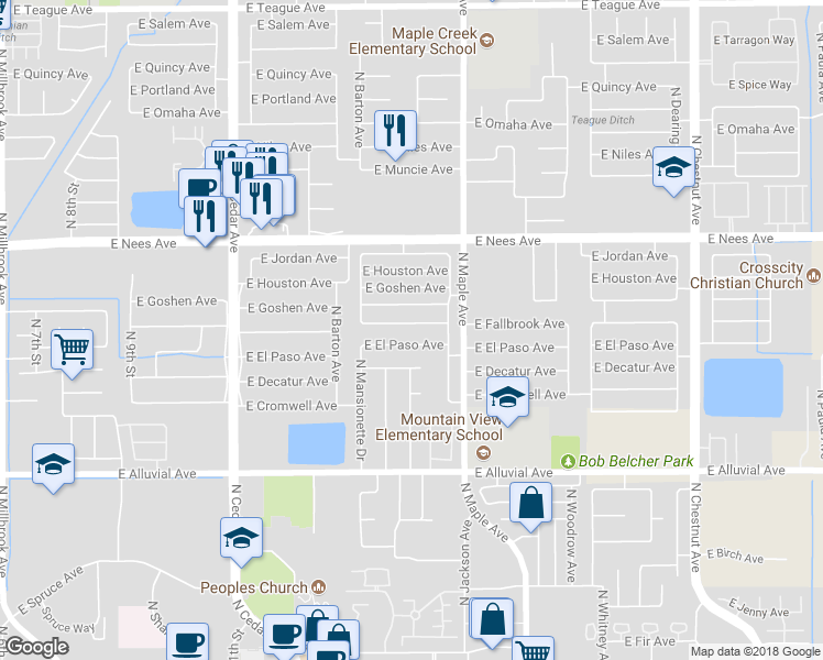 map of restaurants, bars, coffee shops, grocery stores, and more near 1815 East Fallbrook Avenue in Fresno