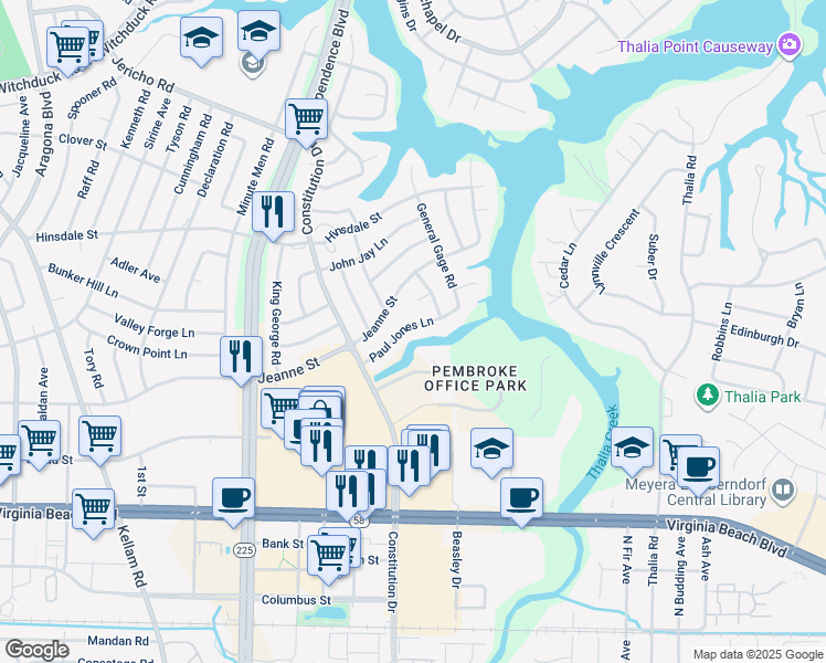 map of restaurants, bars, coffee shops, grocery stores, and more near 4429 Paul Jones Lane in Virginia Beach