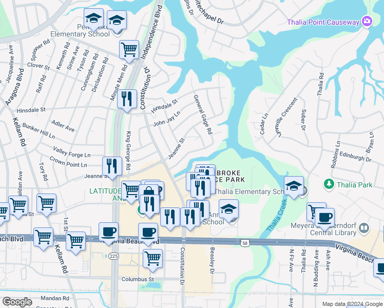 map of restaurants, bars, coffee shops, grocery stores, and more near 4429 Paul Jones Lane in Virginia Beach