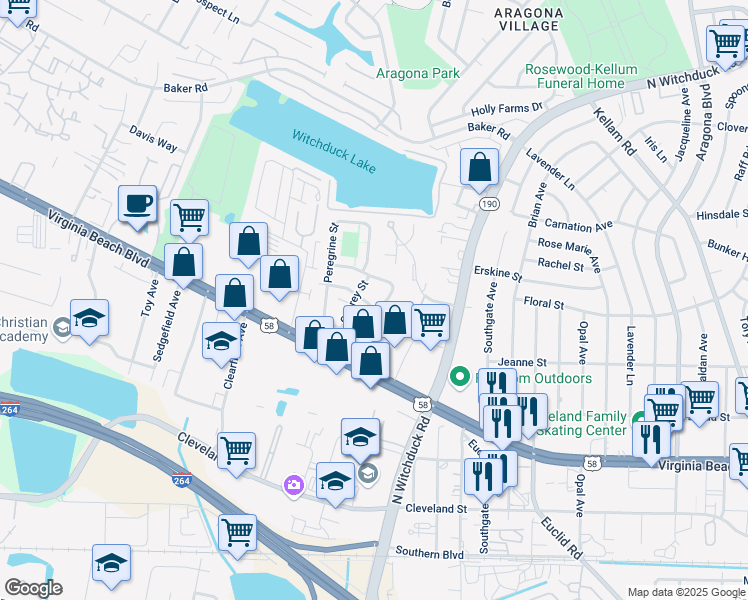 map of restaurants, bars, coffee shops, grocery stores, and more near 5208 Richard Road in Virginia Beach