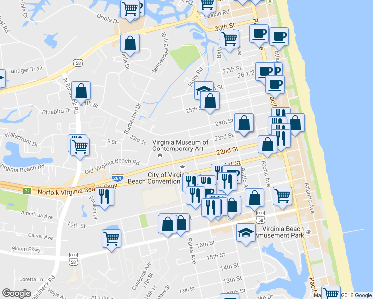 map of restaurants, bars, coffee shops, grocery stores, and more near 704 23rd Street in Virginia Beach
