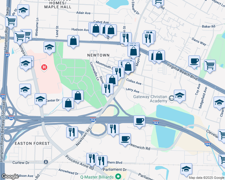 map of restaurants, bars, coffee shops, grocery stores, and more near 700 Newtown Road in Virginia Beach