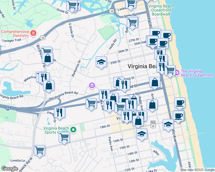 map of restaurants, bars, coffee shops, grocery stores, and more near 704 23rd Street in Virginia Beach
