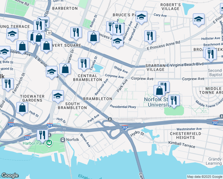 map of restaurants, bars, coffee shops, grocery stores, and more near 820 Marshall Avenue in Norfolk