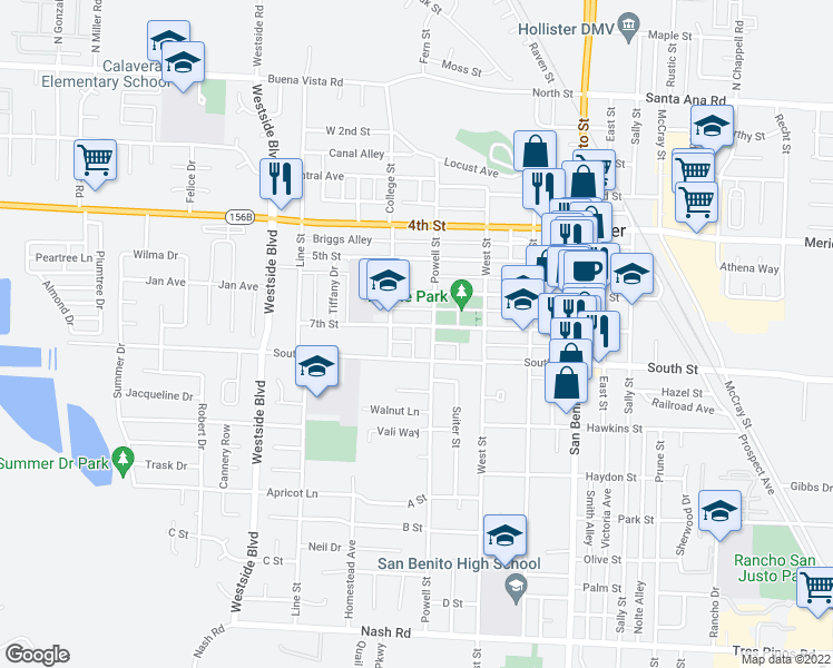 map of restaurants, bars, coffee shops, grocery stores, and more near 625 7th Street in Hollister