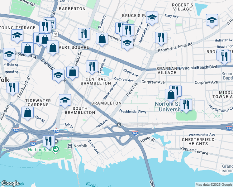 map of restaurants, bars, coffee shops, grocery stores, and more near 825 Marshall Avenue in Norfolk