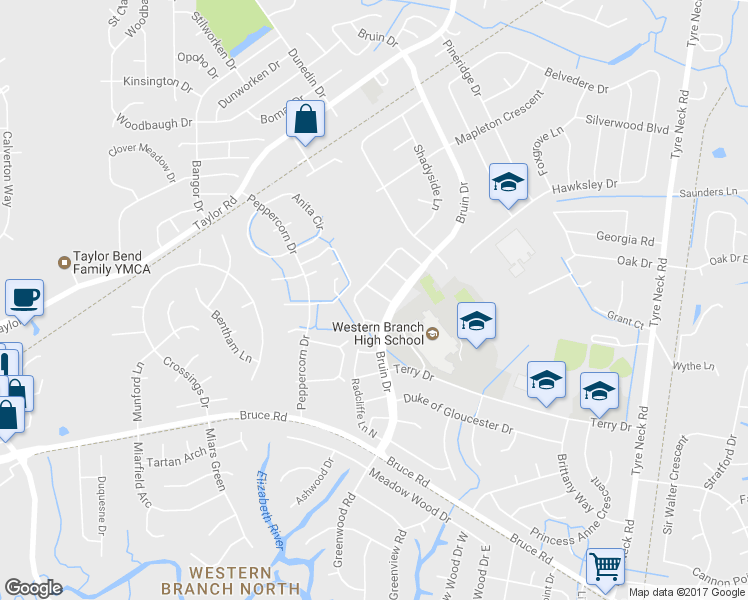 map of restaurants, bars, coffee shops, grocery stores, and more near 4315 Brighton Lane in Chesapeake