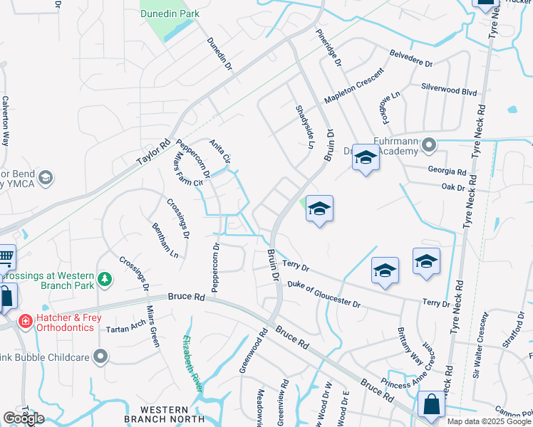 map of restaurants, bars, coffee shops, grocery stores, and more near 4315 Brighton Lane in Chesapeake