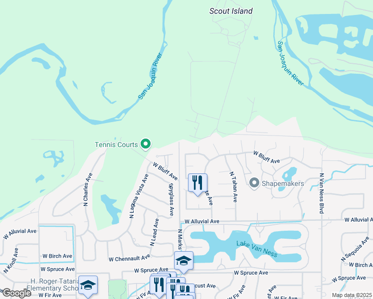 map of restaurants, bars, coffee shops, grocery stores, and more near 2918 West Fallbrook Avenue in Fresno