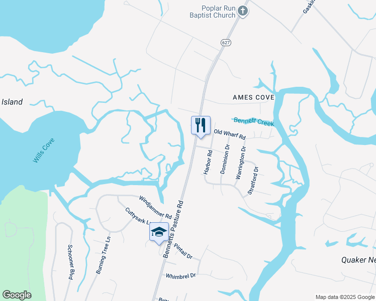 map of restaurants, bars, coffee shops, grocery stores, and more near 5161 Bennetts Pasture Road in Suffolk