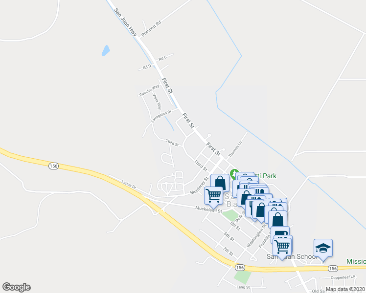 map of restaurants, bars, coffee shops, grocery stores, and more near 3rd St & Donner St in San Juan Bautista