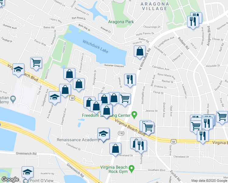 map of restaurants, bars, coffee shops, grocery stores, and more near 5120 Condor Street in Virginia Beach