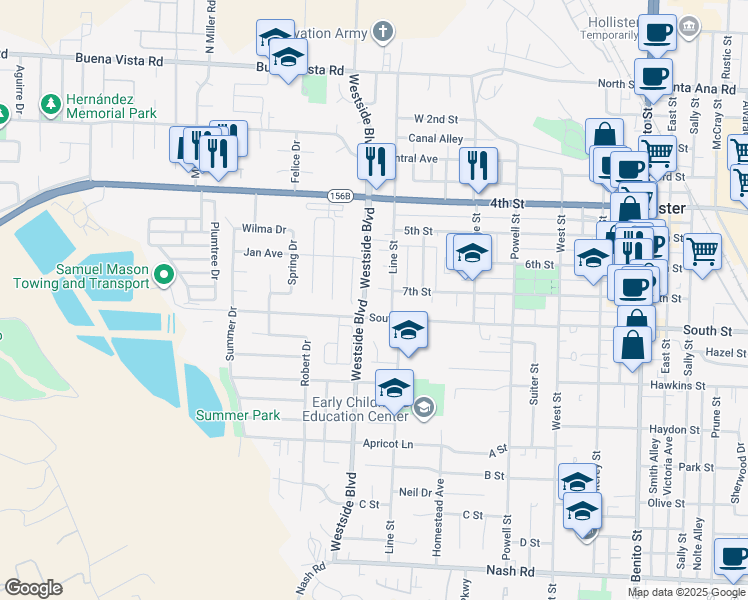 map of restaurants, bars, coffee shops, grocery stores, and more near 736 Line Street in Hollister