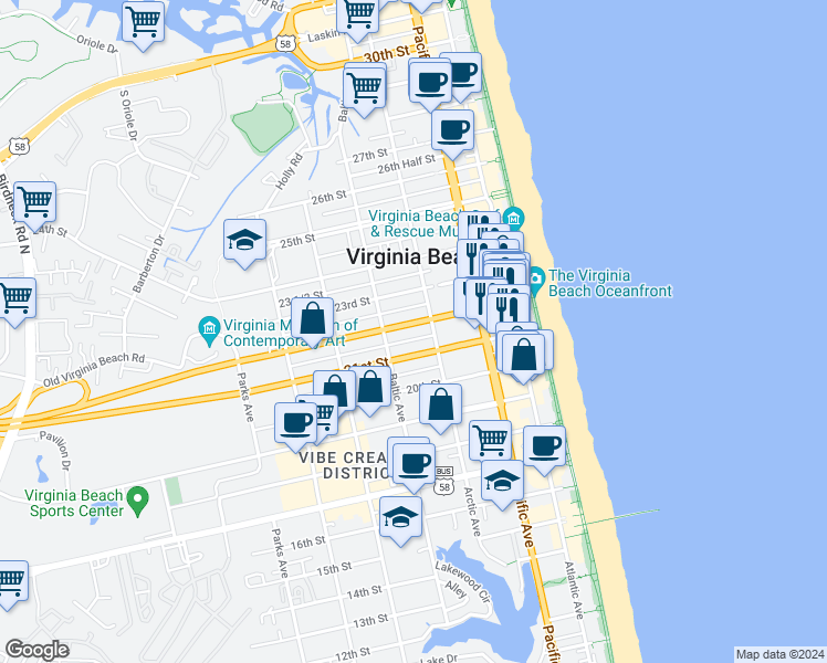 map of restaurants, bars, coffee shops, grocery stores, and more near 417 21 1/2 Street in Virginia Beach