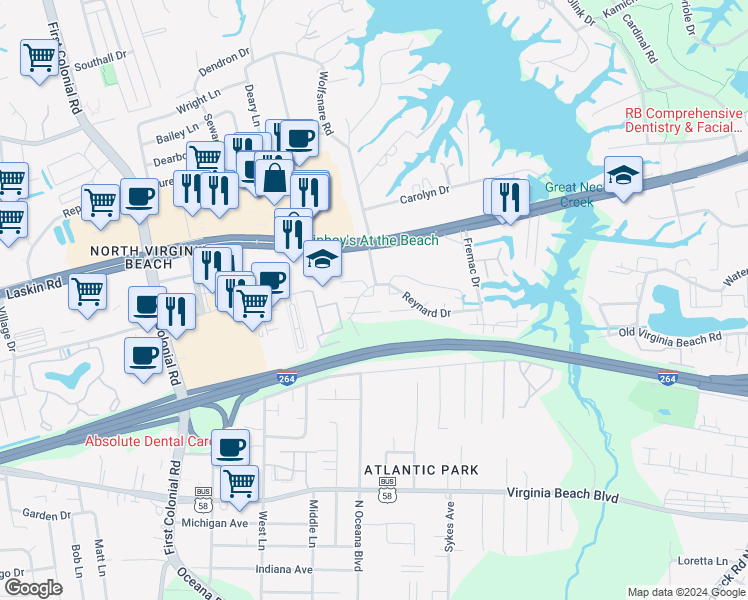 map of restaurants, bars, coffee shops, grocery stores, and more near 1419 Automne Circle in Virginia Beach