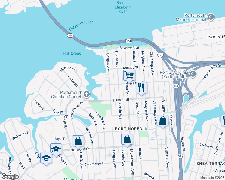 map of restaurants, bars, coffee shops, grocery stores, and more near 326 Douglas Avenue in Portsmouth