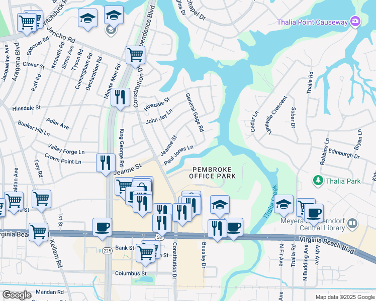 map of restaurants, bars, coffee shops, grocery stores, and more near 4425 Paul Jones Lane in Virginia Beach